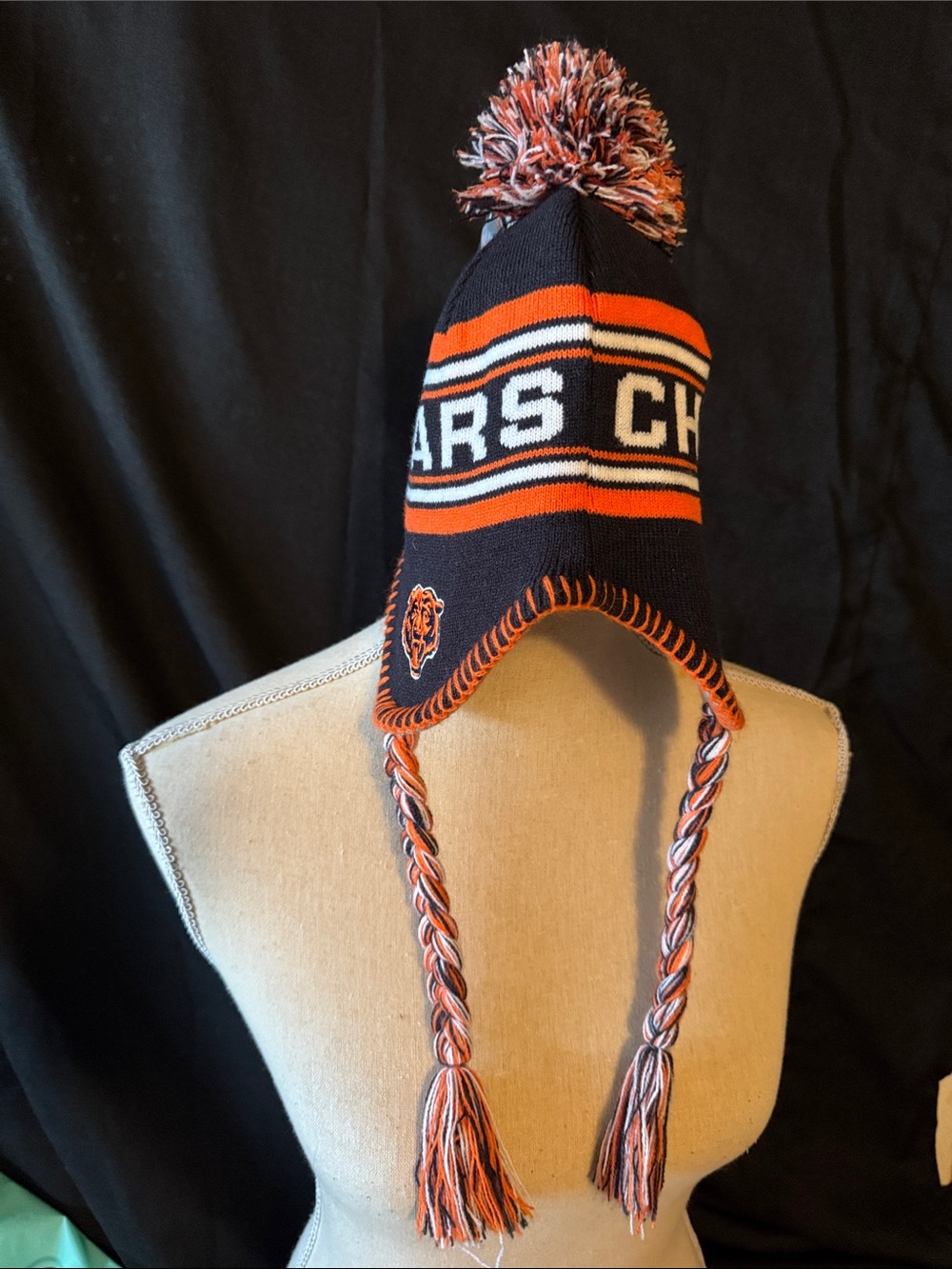 NFL Chicago Bears Earflap Pom Beanie - Navy & Orange